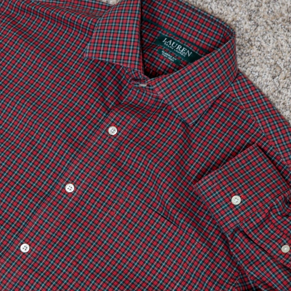 Lauren Ralph Lauren‎ Classic Fit Plaid Non Iron Dress Shirt Red 16 1/2 32/33
